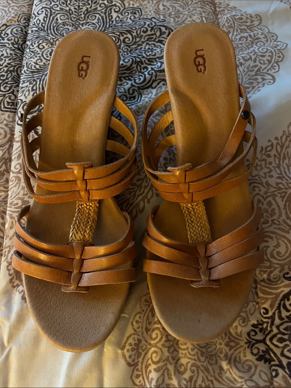 UGG Women's Brown Leather Woven-Strap Slide Mules